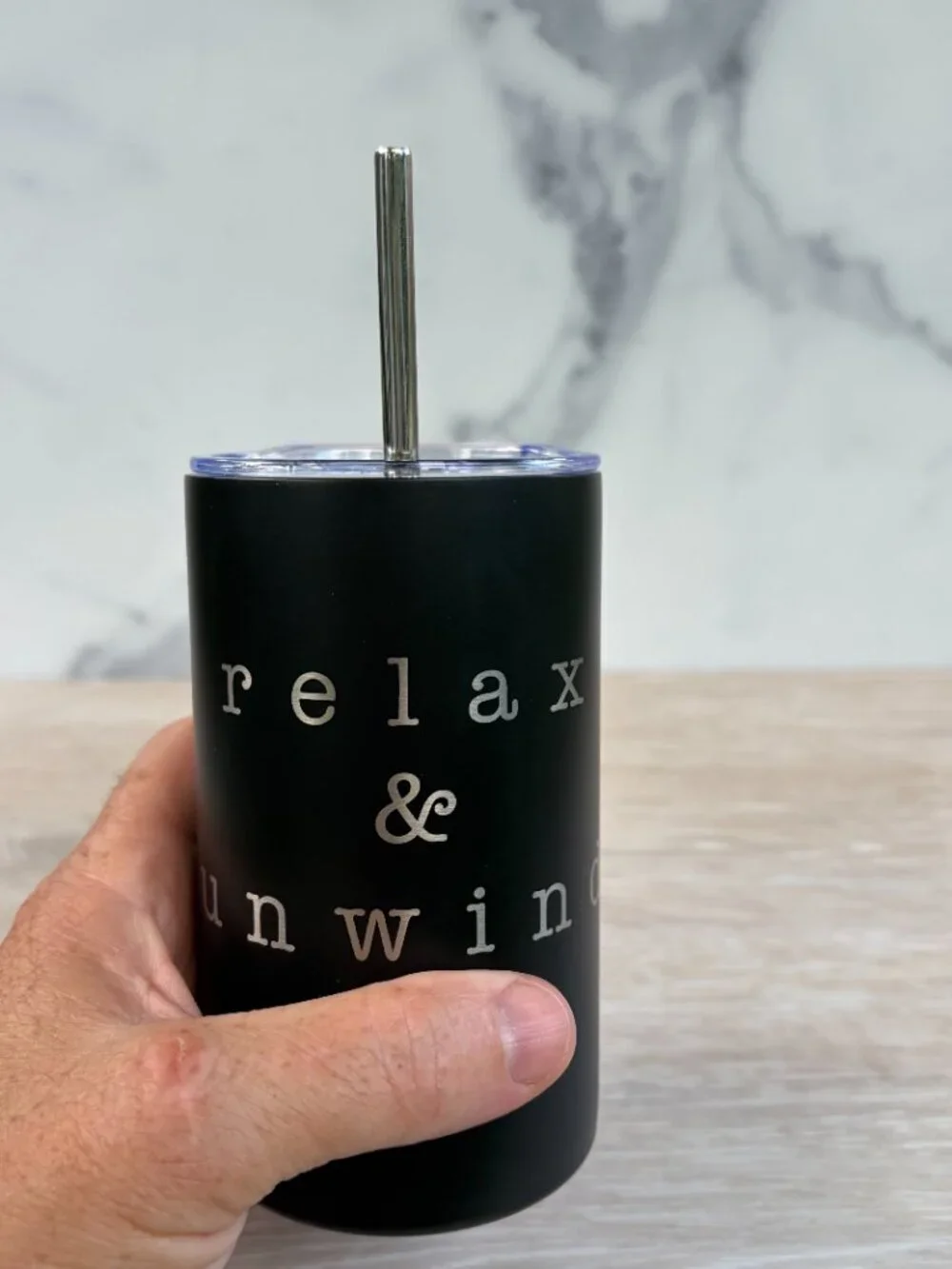 Relax & Unwind Tumbler 12 oz Black Stainless Steel Insulated Travel Coffee Mug